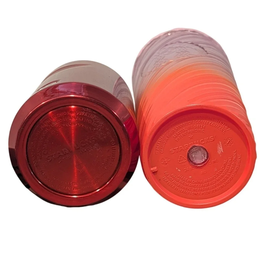 Starbucks Venti Iridescent Swirl Sunset Cold Cup & Metallic Red Tumbler Bundle